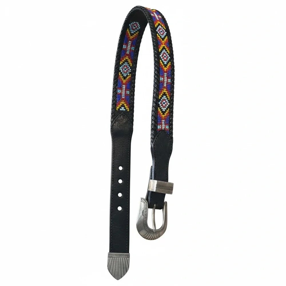 Vintage Southwestern Beaded Leather Belt Size 34 Western Boho - Picture 5 of 16